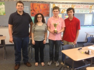 NAQT Eastern PA Runners-Up Souderton High School. From L to R: Alex Cross, Erin Solomon, Alex Kozitzky, and Brandon Nadal