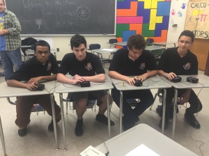 Delaware Valley A prepares for their big match with Manheim Township A. From L to R: Saimun Shahee, Drake Eshelman, Jake Ahlstrand, and Collin Kawan-Hemler